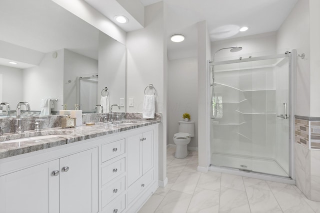 1299 Stratford Woods Dr, Newark, OH 43055 - bathroom with marble look tiles, a shower stall, double vanity, toilet, and recessed lighting