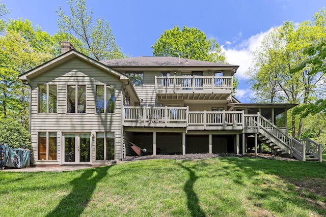 1299 Stratford Woods Dr, Newark, OH 43055 - back of property with stairway, a chimney, a deck, and a lawn
