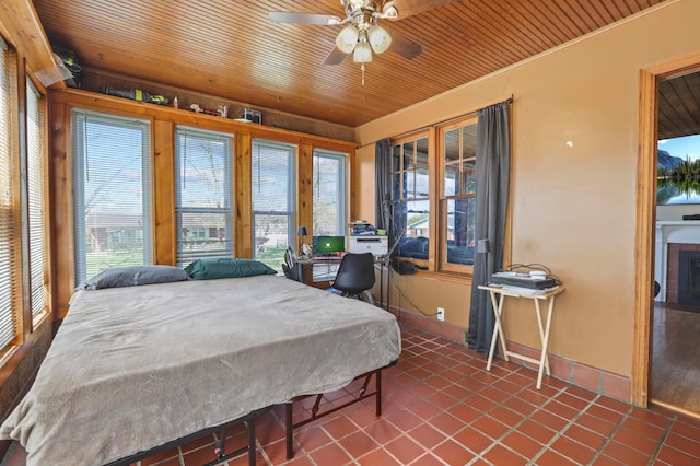 bedroom with baseboards, multiple windows, wooden ceiling, and ceiling fan