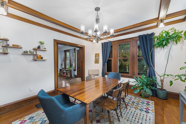 dining room with baseboards, a chandelier, and wood finished floors