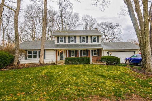 view of front of home with brick siding, a front yard, a garage, and roof with shingles
