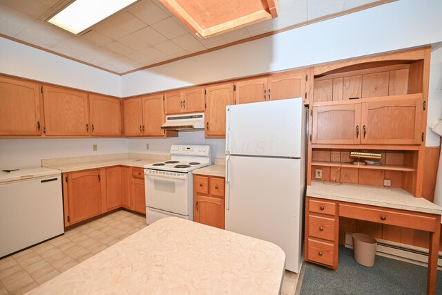 kitchen featuring baseboard heating, under cabinet range hood, open shelves, white appliances, and light floors