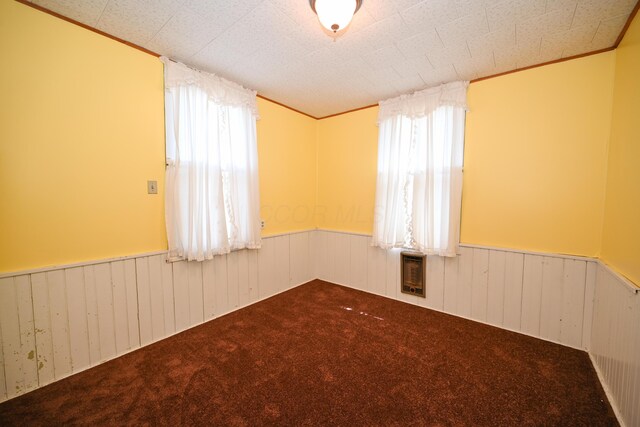 carpeted spare room featuring heating unit, wainscoting, and a healthy amount of sunlight