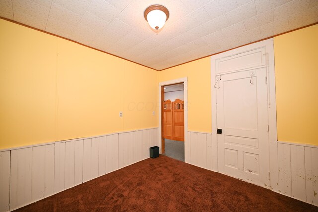empty room with carpet flooring, wainscoting, radiator heating unit, and ornamental molding
