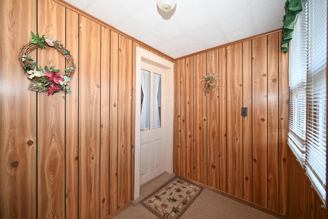 carpeted entrance foyer with wooden walls and a healthy amount of sunlight