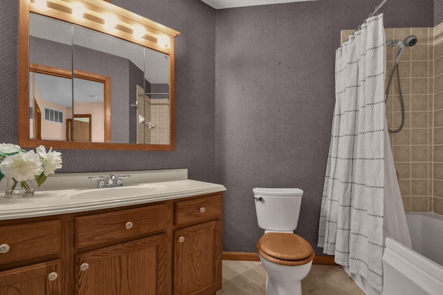 full bath with toilet, vanity, visible vents, and shower / bath combination with curtain