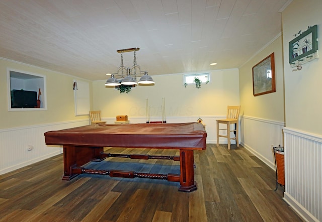 recreation room featuring a wainscoted wall, wood finished floors, billiards, and ornamental molding