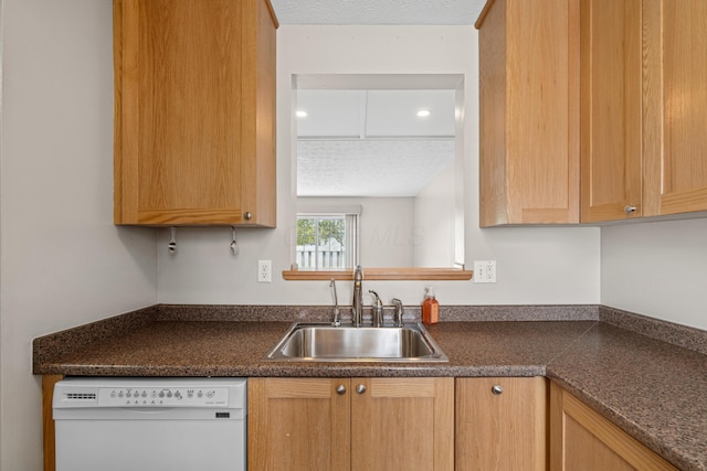 692 Parkbluff Way, Lewis Center, OH 43035 - kitchen with white dishwasher, dark countertops, and recessed lighting