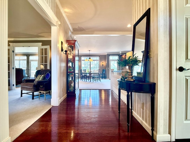 hallway featuring crown molding and wood finished floors