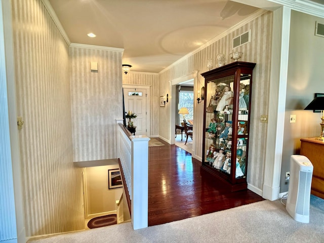 corridor featuring wood finished floors, visible vents, baseboards, and ornamental molding