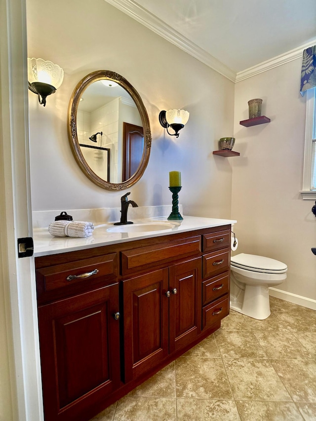 bathroom featuring toilet, ornamental molding, and vanity