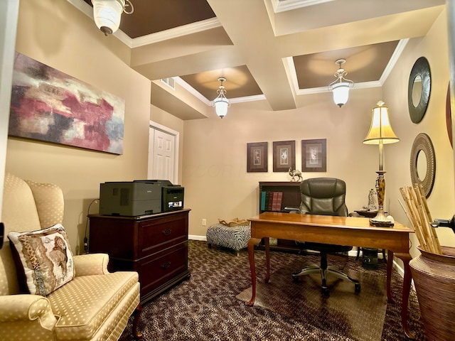 home office with baseboards, coffered ceiling, crown molding, beamed ceiling, and dark colored carpet