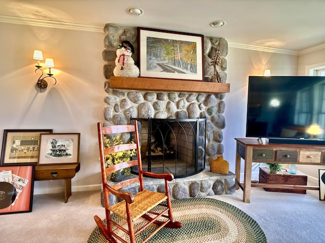 living room featuring a stone fireplace, baseboards, carpet, and ornamental molding