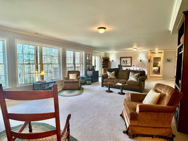 carpeted living room featuring ornamental molding