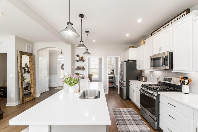 205 Partridge Ct, Pickerington, OH 43147 - kitchen featuring arched walkways, a sink, decorative backsplash, light countertops, and appliances with stainless steel finishes