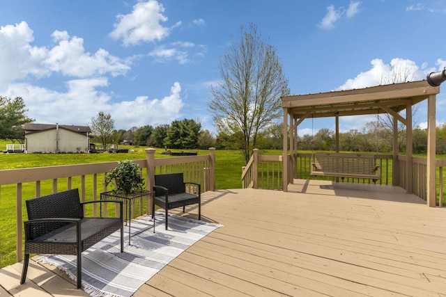 wooden deck with a lawn