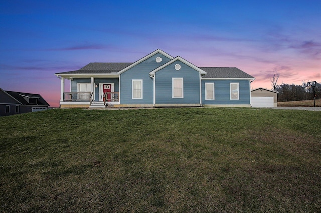 14690 S Perry Rd, Laurelville, OH 43135 - view of front of property with covered porch, a shingled roof, a detached garage, and a front lawn