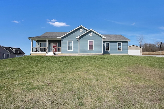 14690 S Perry Rd, Laurelville, OH 43135 - view of front of property with a detached garage, a front lawn, roof with shingles, covered porch, and an outbuilding