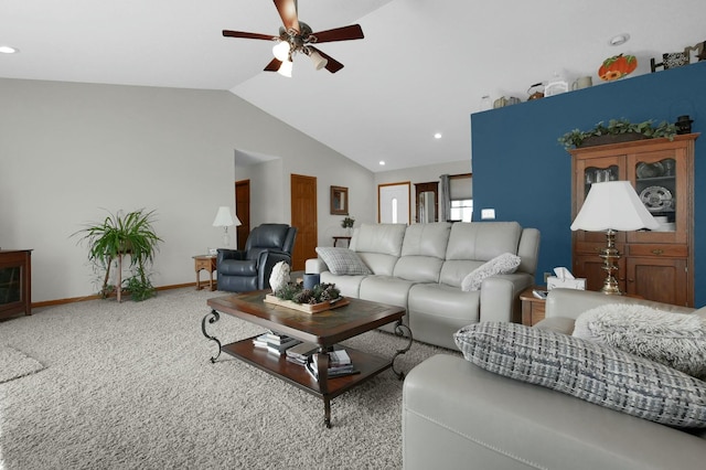 carpeted living room with recessed lighting, baseboards, vaulted ceiling, and ceiling fan