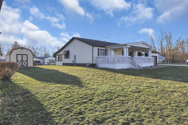 view of front facade with an outdoor structure and a front lawn