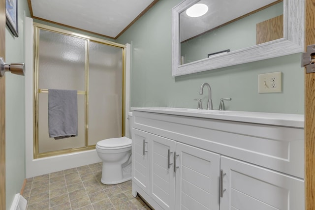 full bath with visible vents, toilet, ornamental molding, a stall shower, and vanity