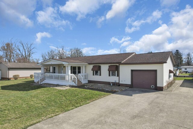 ranch-style home featuring a front lawn, roof with shingles, covered porch, driveway, and an attached garage