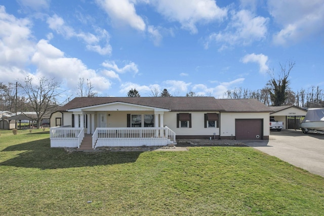 ranch-style house with driveway, a front lawn, a porch, and an attached garage