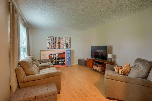 living room featuring light wood-style floors and a textured ceiling