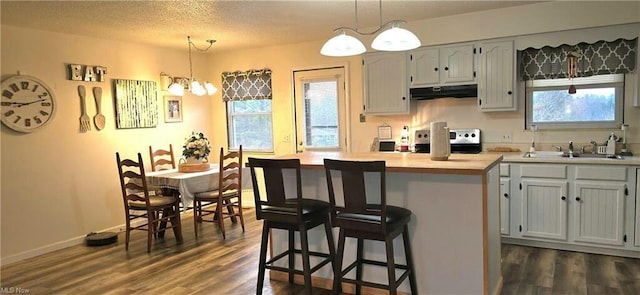 kitchen with under cabinet range hood, a kitchen bar, light countertops, electric range oven, and a sink