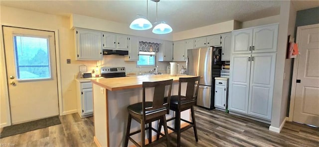 kitchen with ventilation hood, dark wood-style floors, wooden counters, and stainless steel appliances