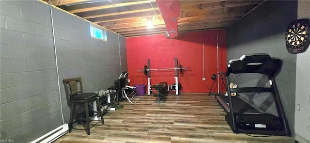 exercise room featuring a baseboard heating unit and wood finished floors