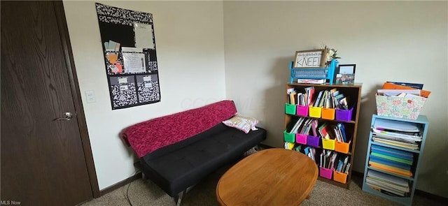 living area featuring baseboards and carpet