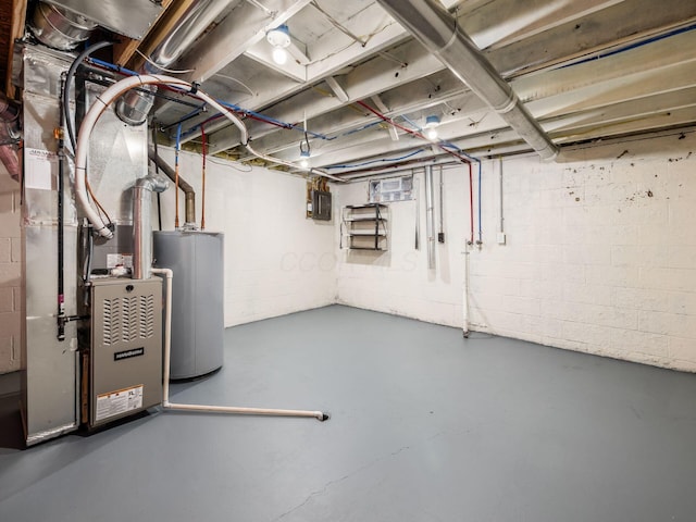 unfinished basement with electric panel, heating unit, and water heater