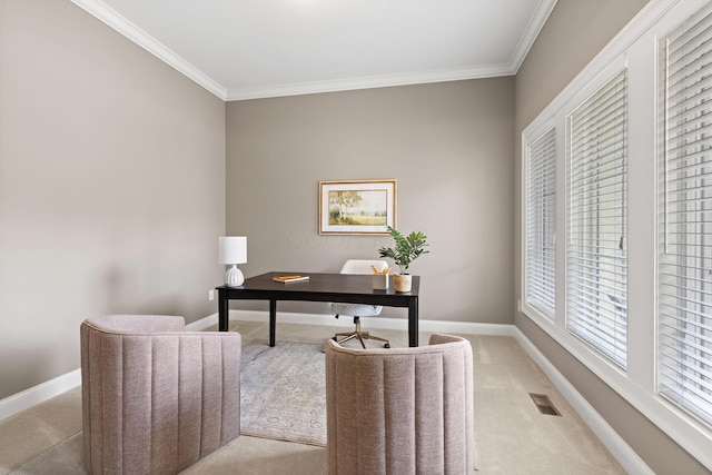 1462 Dogwood Loop, Powell, OH 43065 - office area featuring light carpet, baseboards, visible vents, and ornamental molding
