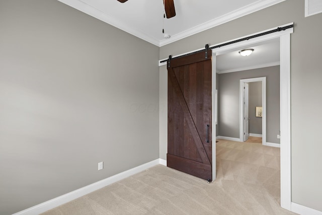 1462 Dogwood Loop, Powell, OH 43065 - unfurnished bedroom featuring crown molding, visible vents, a barn door, and light carpet