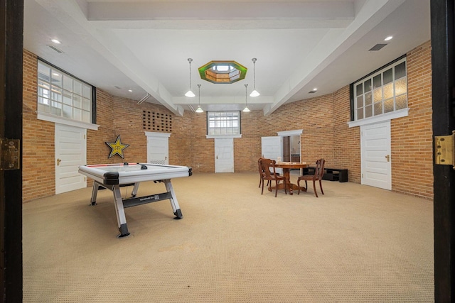 108 W Main St, Glenford, OH 43739 - game room featuring brick wall, carpet, and a towering ceiling