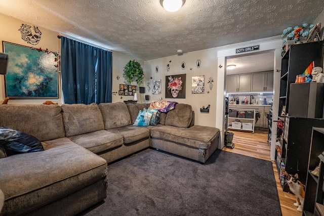 living room featuring a textured ceiling and light wood-type flooring
