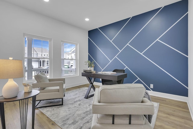 office area with baseboards, wood finished floors, and recessed lighting