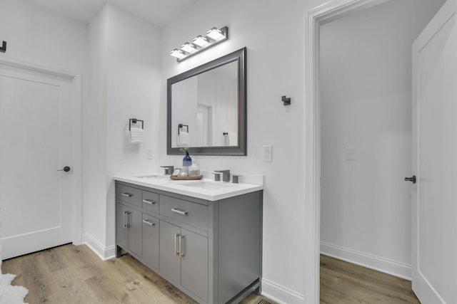 bathroom featuring double vanity, a sink, and wood finished floors