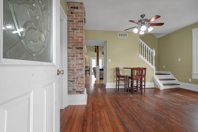 19643 Big Pine Rd, Laurelville, OH 43135 - entryway featuring visible vents, baseboards, stairway, wood finished floors, and a ceiling fan