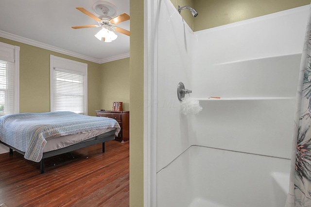 19643 Big Pine Rd, Laurelville, OH 43135 - bedroom with crown molding, a ceiling fan, and wood finished floors