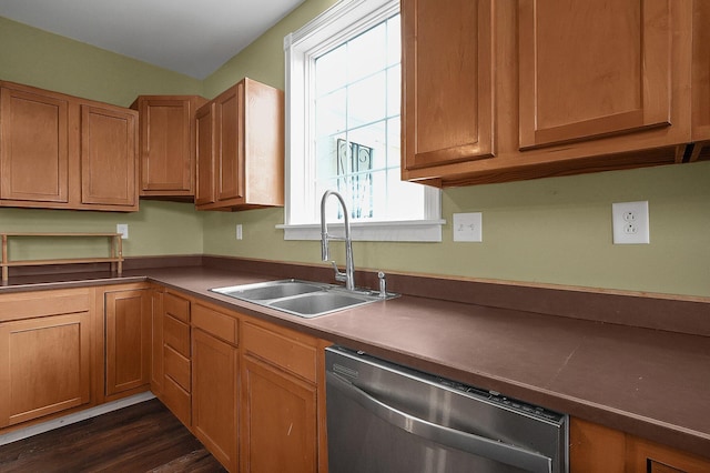 19643 Big Pine Rd, Laurelville, OH 43135 - kitchen with dark wood-style floors, dishwasher, dark countertops, and a sink