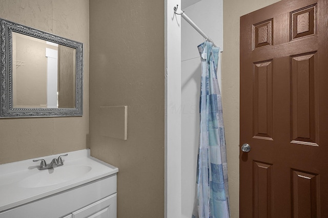 19643 Big Pine Rd, Laurelville, OH 43135 - bathroom with vanity, a shower with shower curtain, and a textured wall