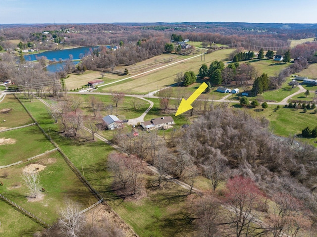 bird's eye view with a rural view and a water view
