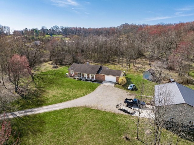 bird's eye view featuring a wooded view