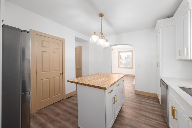 kitchen with wood counters, dark wood-type flooring, dishwasher, and white cabinets