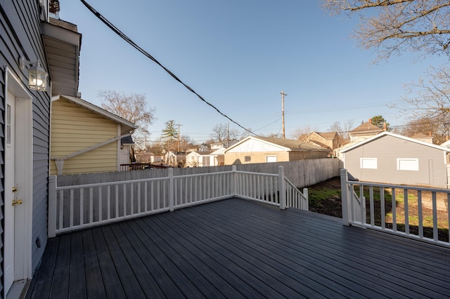 deck with a fenced backyard and a residential view