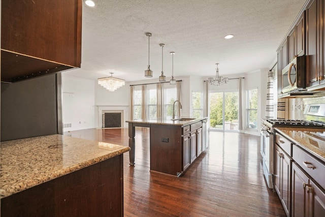 5388 Middlebury Lp, Lewis Center, OH 43035 - kitchen featuring stainless steel appliances, dark wood-style flooring, a sink, and a chandelier