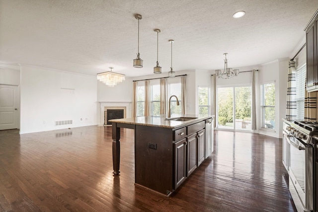 5388 Middlebury Lp, Lewis Center, OH 43035 - kitchen featuring an inviting chandelier, open floor plan, stainless steel gas range, and a sink