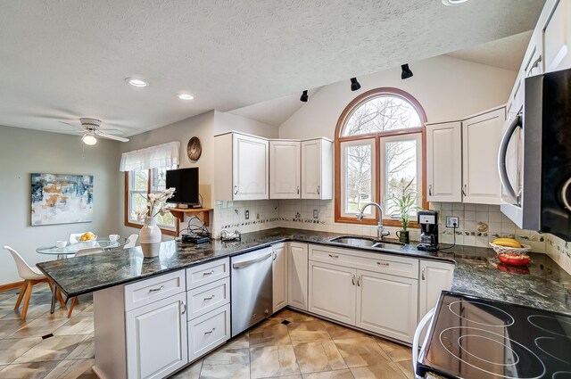kitchen featuring lofted ceiling, decorative backsplash, a sink, a peninsula, and appliances with stainless steel finishes